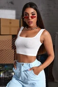 Kadın Beyaz Kalın Askılı Crop Top Büstiyer - 4