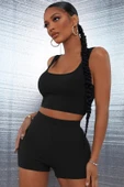 Kadın Siyah Şortlu Crop Top Gecelik Takım - 1