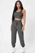 Kadın Antrasit Gri Kaşkorse Cepli Jogger Eşofman Altı ve Crop Top Bluz - 1