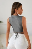 Kadın Gri Çapraz Bağlamalı Crop Top Büstiyer - 5
