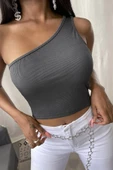 Kadın Koyu Gri Tek Omuz Crop Büstiyer - 1