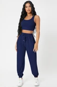 Kadın Lacivert Kaşkorse Cepli Jogger Eşofman Altı ve Crop Top Bluz - 1