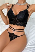 Kadın Siyah Çift Sıra Çapraz Askılı Cut-Out Tanga Detaylı Şık Takım - 1