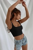 Kadın Siyah Kalın Askılı Crop Top Büstiyer - 4