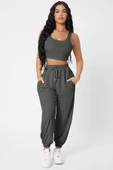 Kadın Antrasit Gri Kaşkorse Cepli Jogger Eşofman Altı ve Crop Top Bluz - 4