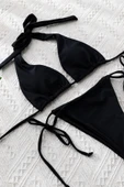 Kadın Siyah Yandan Bağlamalı Tangalı Üçgen Bikini Mayo Takımı - 3