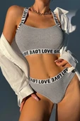 Kadın Gri Çapraz Sırt Ve Love Yazı Detaylı Iç Çamaşır Takımı - 1