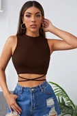Kadın Kahverengi Çapraz Bağlamalı Crop Top Büstiyer - 1