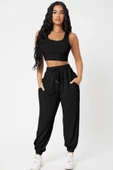 Kadın Siyah Kaşkorse Cepli Jogger Eşofman Altı ve Crop Top Bluz - 4