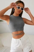Kadın Gri Çapraz Bağlamalı Crop Top Büstiyer - 4
