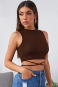Kadın Kahverengi Çapraz Bağlamalı Crop Top Büstiyer - 3