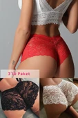 Kadın Siyah Beyaz Kırmızı 3'lü Paket Dantel Tanga Şort Külot - 1