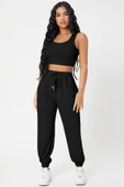 Kadın Siyah Kaşkorse Cepli Jogger Eşofman Altı ve Crop Top Bluz - 1