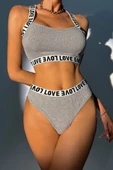 Kadın Gri Çapraz Sırt Ve Love Yazı Detaylı Iç Çamaşır Takımı - 4