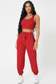 Kadın Kırmızı Kaşkorse Cepli Jogger Eşofman Altı ve Crop Top Bluz - 1