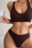 Kadın Kahverengi Desteksiz Seamless Tangalı İç Çamaşır Takımı - 4