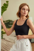 Kadın Siyah Kalın Askılı Crop Top Büstiyer - 7
