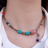 Turkuaz Doğaltaşlı Etnik Tasarım El Yapımı Kadın Kolye (45 cm) - 2