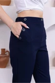 Düğme Detaylı Beli Lastikli Bilek Boy Pantolon 351-Lacivert - 5