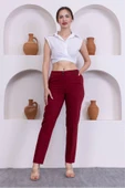 Deri Detaylı Cepli Bilek Boy Pantolon 3146-Bordo - 1