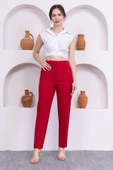 Cep Detaylı Örme Kumaş Kadın Pantolon 0040-Kırmızı - 1