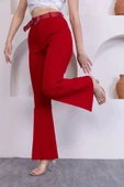 Kemerli İspanyol Paça Kadın Kumaş Pantolon 314-Kırmızı - 4