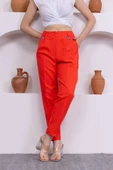 Pile Detaylı Duble Paça Kadın Kumaş Pantolon 324-Mercan - 3