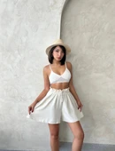 Volanlı keten şort bej s255058 - 6