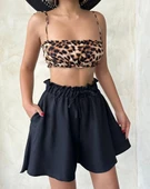 Volanlı keten şort siyah s255058 - 5