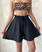 Volanlı keten şort siyah s255058 - 1