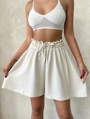 Volanlı keten şort bej s255058 - 3