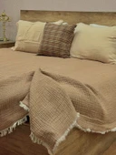 Bej 7 Katlı Çift Taraflı Dolgulu Çift Kişilik Müslin Battaniye %100 Pamuk 230x240 cm - 1