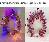 Kalp Püsküllü Gece Parıltısı 3 Modlu Led39li Işıklı Taç Fuşya Renk - 3