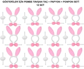 Pembe Tavşan Kostüm Seti – Taç, Papyon, Ponpon (12’li Paket) - 1