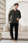 Erkek V Yaka Önden Düğmeli Pamuk Likra Mevsimlik Uzun Kol Cepli Pijama Takımı - 9