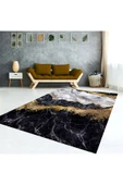 AACAP Siyah Mermer Desen Kadife ,Modern Yıkanabilir, Lastikli Halı Örtüsü - 1
