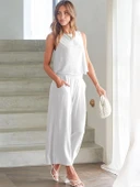 Keten Yazlık Yüksel Bel Capri Pantolon Sırt Detaylı Kolsuz İkili Takım thumbnail 2