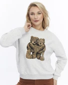 Kadife Ayıcıklar Desenli Gri Melanj Yumuşak Dokulu Regular Fit Bisiklet Yaka Kadın Sweatshirt - 1