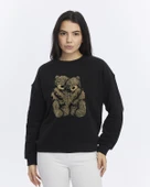 Kadife Ayıcıklar Desenli Siyah Yumuşak Dokulu Regular Fit Bisiklet Yaka Kadın Sweatshirt - 1