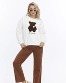 Kadife Be Yourself Desenli Ekru Yumuşak Dokulu Regular Fit Bisiklet Yaka Kadın Sweatshirt - 2