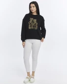 Kadife Ayıcıklar Desenli Siyah Yumuşak Dokulu Regular Fit Bisiklet Yaka Kadın Sweatshirt - 2
