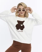 Kadife Be Yourself Desenli Ekru Yumuşak Dokulu Regular Fit Bisiklet Yaka Kadın Sweatshirt - 1