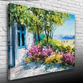 Renkli Çiçekler ve Bahar Manzarası Yağlıboya Kanvas Tablo 50 x 70 - 3