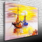 Günbatımında Balıkçı Takaları ve Martılar :Yağlıboya Kanvas Tablo 50 x 70 - 1