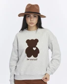 Kadife Be Yourself Desenli Gri Melanj Yumuşak Dokulu Regular Fit Bisiklet Yaka Kadın Sweatshirt - 1