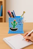 Ahşap Masaüstü Kalemlik Kaktüs Desenli Mavi - 1 Adet - 1