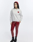 Kadife Kalp Desenli Gri Melanj Yumuşak Dokulu Regular Fit Bisiklet Yaka Kadın Sweatshirt - 2