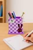 Ahşap Masaüstü Kalemlik Sevimli Tavşan Desenli Mor - 1 Adet - 1
