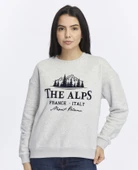 Kadife The Alps Desenli Gri Melanj Yumuşak Dokulu Regular Fit Bisiklet Yaka Kadın Sweatshirt - 1
