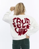 Kadife True Self Love Desenli Ekru Yumuşak Dokulu Regular Fit Bisiklet Yaka Kadın Sweatshirt - 3